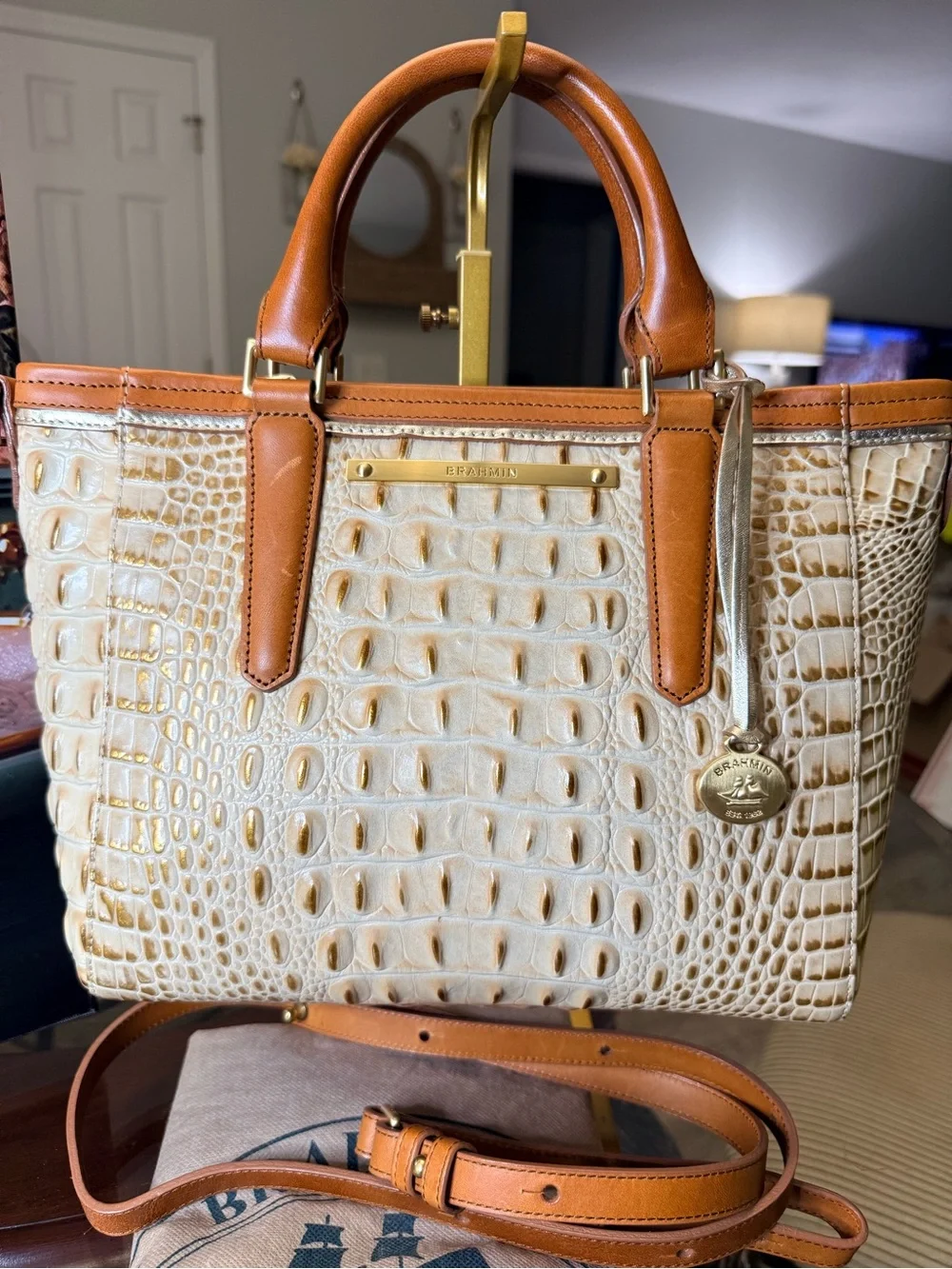 Brahmin Cream Croc-Embossed Satchel with Tan Trim